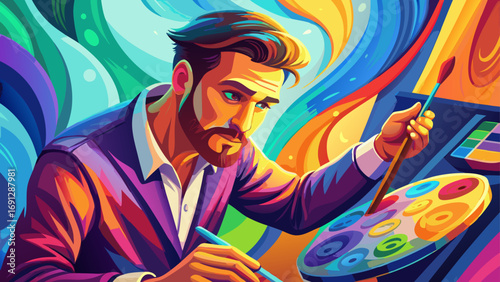 In colorful studio, an artist dips brush into vibrant palette. Isolated white background captures creativity, imagination, and the expressive essence of painting in a close-up working moment.