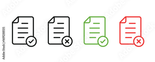 Document approve and decline with check mark and cross icons. Verified and unverified document icon design. Document files correct and cross symbol