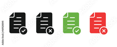 Document approval or rejection status icon. File with check mark and cross symbol. Paper form accepted and reject icon