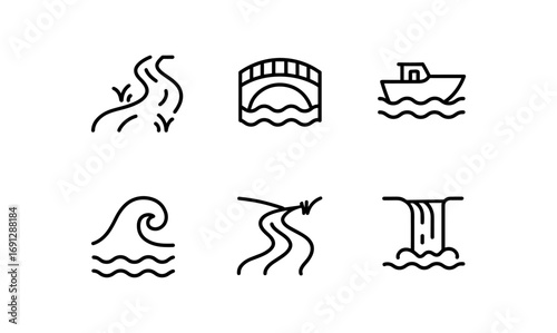 Minimalist water and nautical icon set featuring waves, boats, and bridges