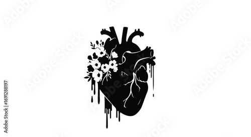Artistic black heart silhouette with delicate white flowers and dripping effect on white background
