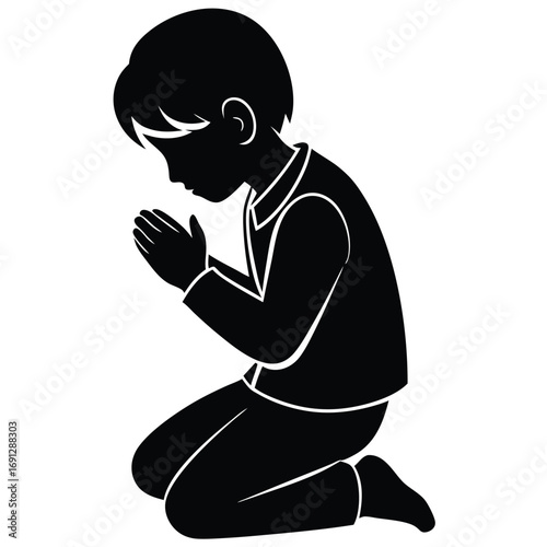 Boy Kneeling and Praying Vector Illustration