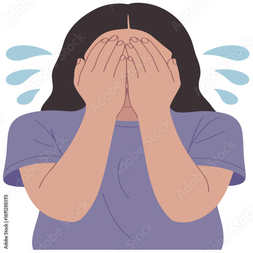 A young woman with her hand covering her face, depicting a feeling of stress or a headache