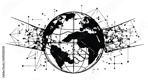 Global network connection visualized with abstract digital connections around planet Earth
