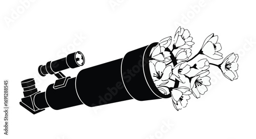 Telescope blooming with delicate flowers, symbolizing discovery and new beginnings in nature.