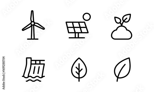 Minimalistic renewable energy and nature icons set