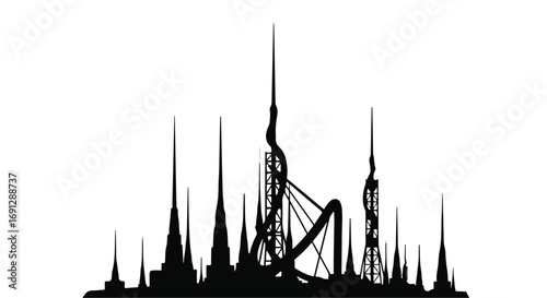Futuristic cityscape silhouette with soaring towers and abstract architecture