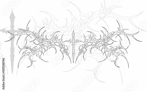 Neo tribal cyber sigilism cross with wings intricate patterns, vector design for tattoo, streetwear, t-shirt print apparel, stickers and posters 