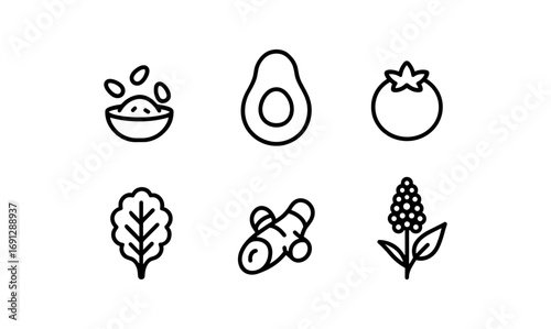 Healthy food icons: avocado, tomato, leafy greens, grains, herbs, and spices in minimalist outline style