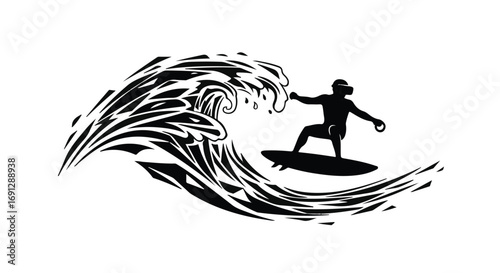Surfer riding a stylized wave while wearing a virtual reality headset, embracing digital adventure