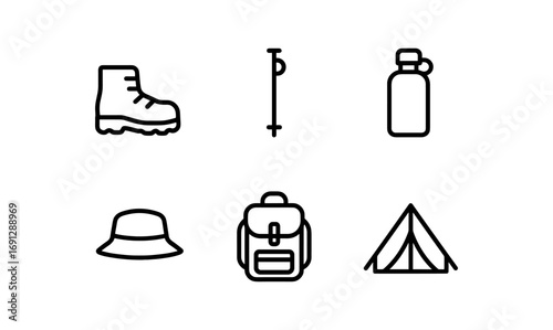Minimalist camping essentials icons: boots, tent, backpack in linear style
