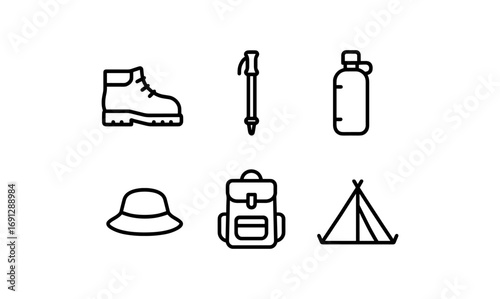 Minimalist camping gear icons featuring tent, backpack, hiking boot, water bottle, and more