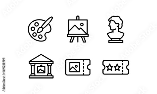 Artistic icons set featuring museum elements in minimalist linear style for digital design