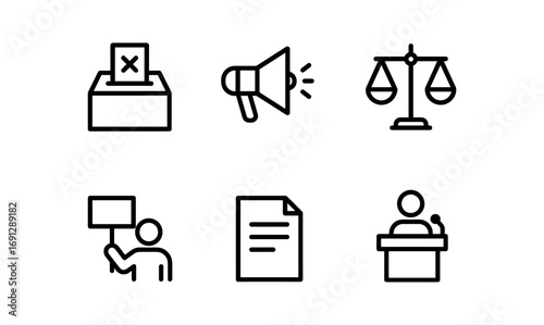 Minimalist political icons: voting, advocacy, justice, and speech representation