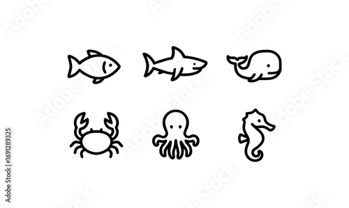 Minimalist marine life icons: fish, shark, whale, crab, octopus, seahorse