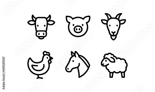 Minimalist farm animals icon set featuring cow, pig, goat, chicken, horse, and sheep