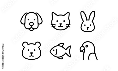 Simple outline illustrations of cute animal faces in minimalist style