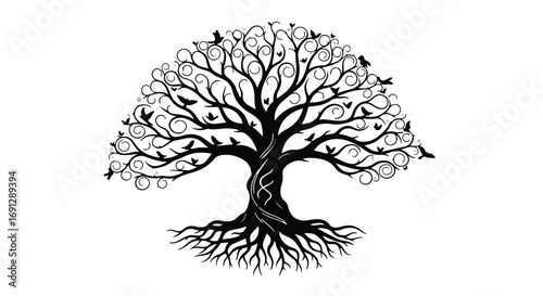 Majestic black tree of life with intricate branches and birds in silhouette
