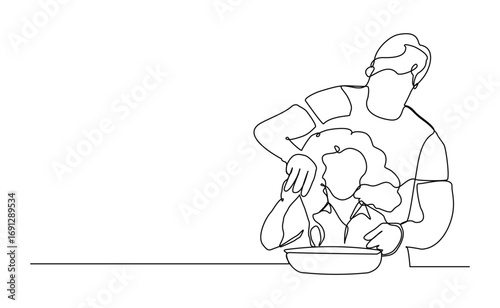 Continuous line drawing of happy father dad cooking together with her kid. Lovely family sketch drawing editable stroke vector illustration