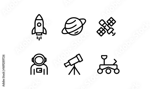 Space exploration icons set: rocket, planet, satellite, astronaut, telescope, rover