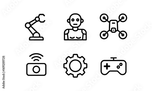 Modern technology icons: robotics, drones, and gaming in minimalist outline style