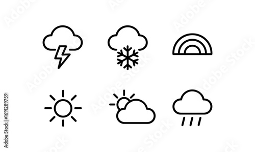 Minimalist weather icons: lightning, snow, rainbow, sun, clouds, and rain