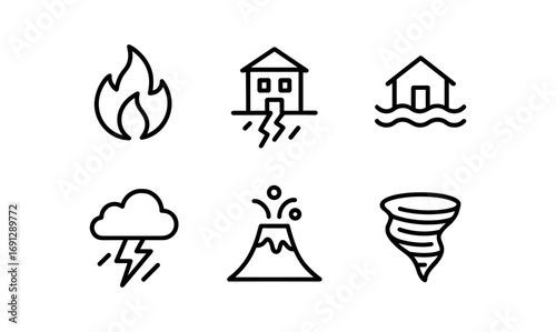Simple disaster icons set: fire, earthquake, flood, storm, volcano, tornado