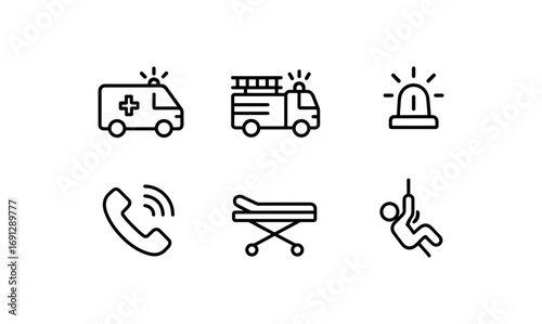 Emergency services icons set featuring ambulance, firetruck, and rescue symbols in modern minimalist design