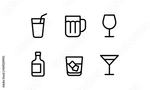 Minimalist drink icons set: glasses, bottles, and cocktails in outline style