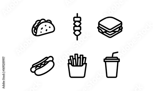 Minimalist icons of popular fast food items in line art style