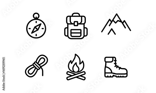 Outdoor adventure icons set featuring compass, backpack, mountains, rope, campfire, and boot in minimalist style