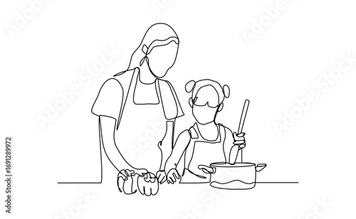 Continuous line drawing of happy mother cooking together with her kid. Lovely family sketch drawing editable stroke vector illustration