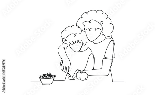 Continuous line drawing of happy mother cooking together with her kid. Lovely family sketch drawing editable stroke vector illustration