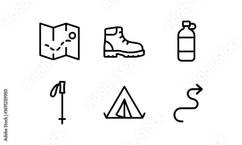 Minimalist hiking icons set: map, boot, water bottle, trekking pole, tent, trail path