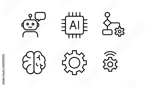Modern linear icons of ai and robotics featuring brain, robot, microchip, and gears