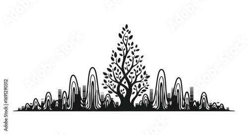 Stylized tree silhouette rising from abstract landscape with organic shapes