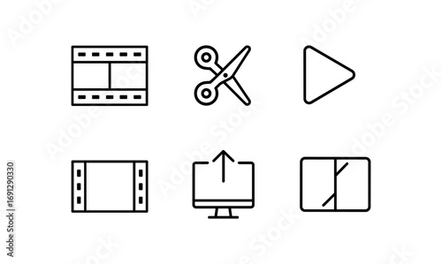 Minimalist video editing icons set: scissors, play, screen, film strip