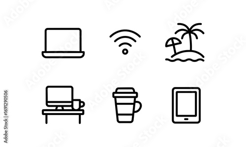 Minimalist digital nomad icons set for remote work and travel lifestyle