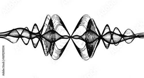 Symmetrical abstract sound wave pattern in black and white, representing audio or data flow.