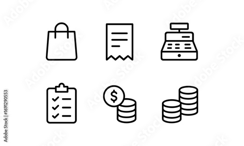 Minimalist retail icons: shopping, receipt, checkout, and finance symbols