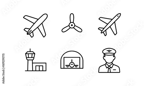 Minimalist aviation icons set featuring airplane, propeller, and pilot