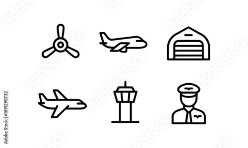 Minimalist aviation icons featuring aircraft, propeller, and control tower
