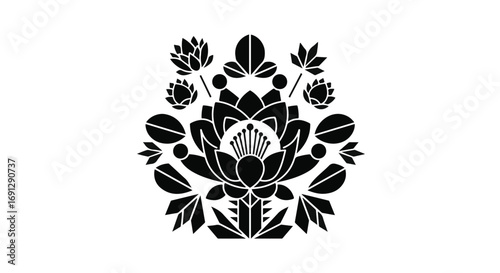 Elegant black lotus flower motif with symmetrical floral design on white background
