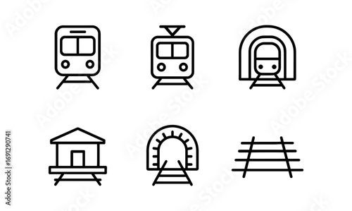 Minimalist transportation icons featuring train, tunnel, and railway designs