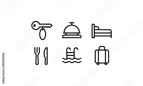 Minimalist hotel icons: key, bell, bed, cutlery, pool, luggage