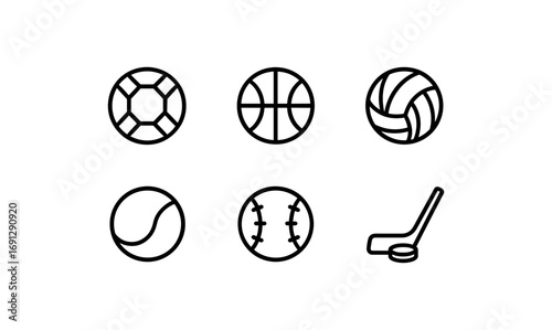 Minimalistic sports ball icons set in linear style