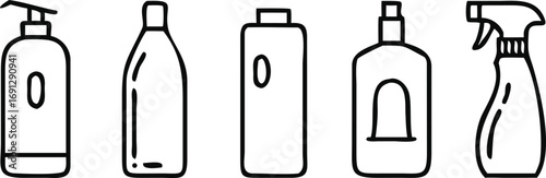 Set of five minimalist line art illustrations of cleaning and cosmetic bottles shampoo soap vector