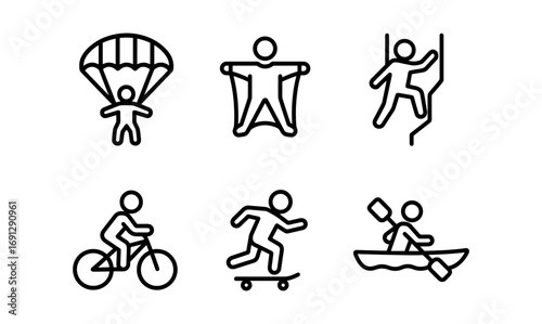 Adventure icon set featuring outdoor activities in linear design style