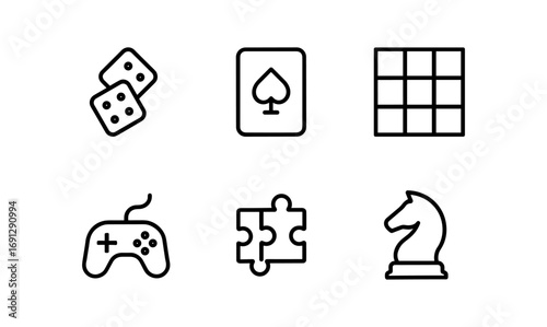 Linear icons of popular games and puzzles for entertainment design