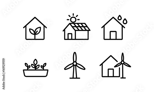 Eco-friendly housing icons featuring renewable energy and sustainable living